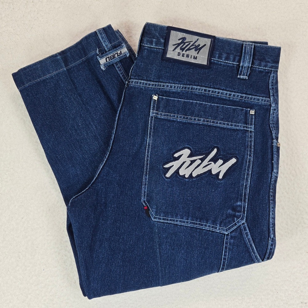 Vintage FUBU Mens Carpenter Jeans 42 Baggy 90s Hip Hop Streetwear Dark Wash Blue